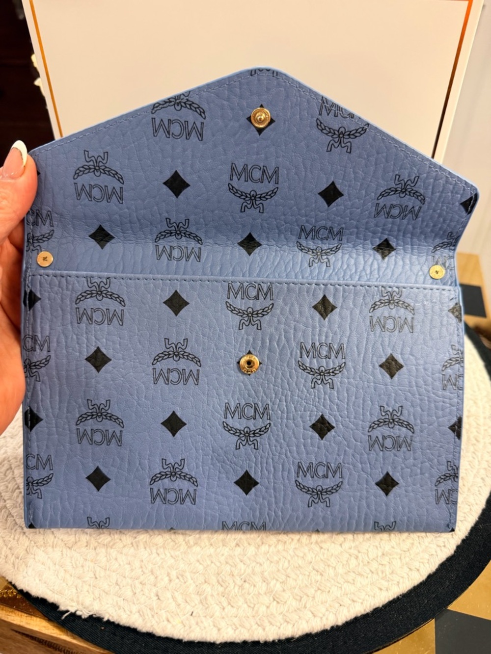 MCM Blue Monogram Clutch Crossbody (Novelty) + Heart extender and Keychain - NIB - Picture 4 of 10